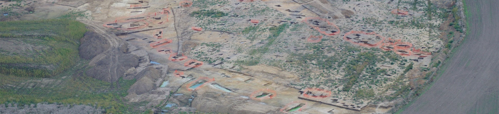 Aerial photograph showing the excavation of the Neolithic causeway.