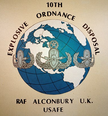 RAF Alconbury, Cambridgeshire, painting of ammunition handling personnel insignia.