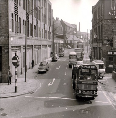 Balck and white photo ahowing the Hope and Anchor on the right