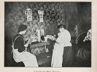 Women homeworkers making matchboxes in a bedroom, 1906.