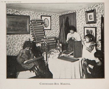 Woman and children making boxes at home, 1906. © & source TUCLIB.