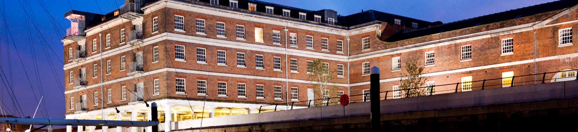 A night-time view of restored dockyard area at Gosport.