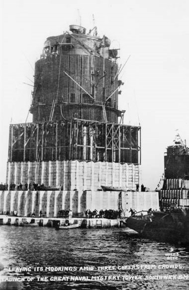 The ‘Great Naval Mystery Tower’, Southwick, Shoreham-by-Sea, West Sussex, 1920 The tower was built during the war to defend the country against U-boat attack. The unfulfilled plan was to use a line of eight such towers to form a boom across the Straits of Dover. Only one was completed, just before the end of the war. In 1920 it was towed to the Isle of Wight where it was sunk over the Nab rocks to become the Nab tower lighthouse. It is still in operation in 2014. (OP25301)