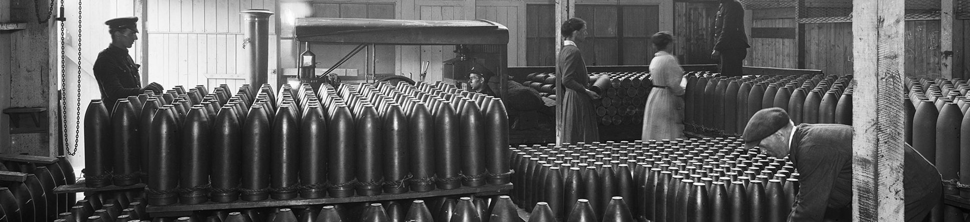 Cunards Shellworks, Liverpool, stacks of finished shells wait for transportation to a filling factory to be filled with high explosives