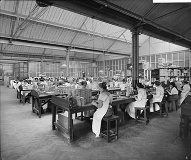 Teofani Cigarette Factory, Brixton, London, 1916. Women workers packing cigarettes for supply to the forces