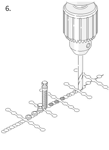 Image 6 of 6: Diagram of studs being drilled into holes along a crack in a metal block as a drill bores more holes.